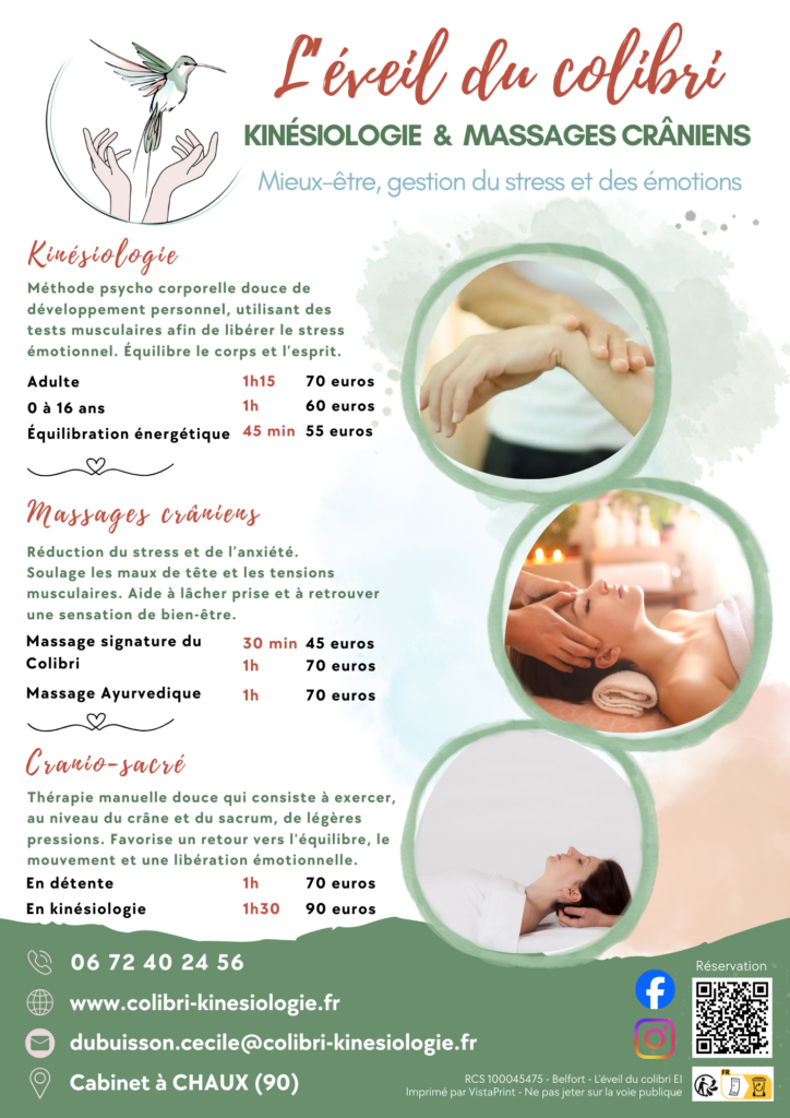 Flyer cabinet tarifs prestations kinésiologie massage cranien équilibration énergétique cranio sacré